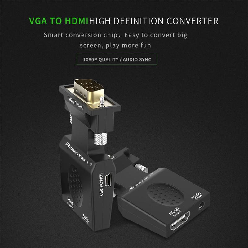 Robotsky VGA to HDMI Adapter Male to Female AV Video Converter